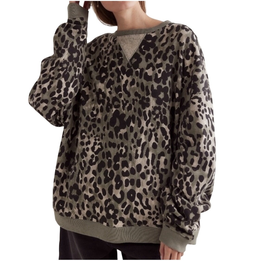 Free People We The Free Camo Leopard Sweatshirt Women's M Gray Oversized Terry